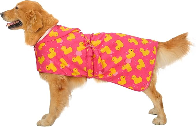 HDE Dog Bathrobe Super Absorbent Quick Drying Towel with Hood for All Dog Breeds Sizes S-XXL - Pink Rubber Ducks - L