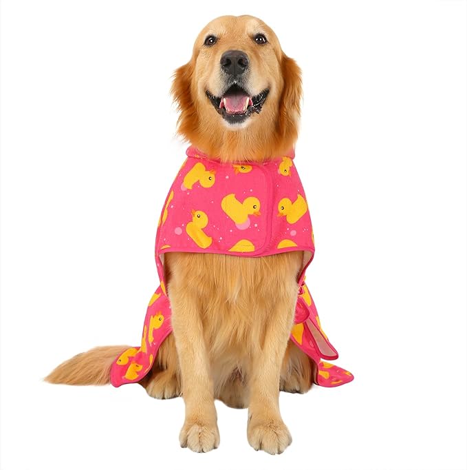 HDE Dog Bathrobe Super Absorbent Quick Drying Towel with Hood for All Dog Breeds Sizes S-XXL - Pink Rubber Ducks - XXL