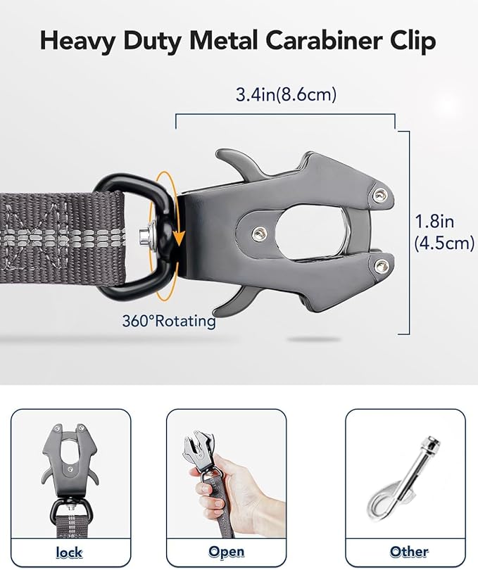 Joytale Tactical Dog Leash Heavy Duty, 4-6FT Shock Absorbing Bungee Lead with 2 Padded Handle, Metal Carabiner Clip, Car Seatbelt, Strong No Pull Leash for Medium Large X-Large Dogs, Gray