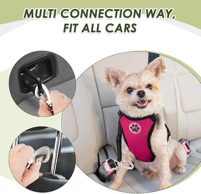SlowTon Dog Seat Belt Harness for Car, Dog Car Harness Adjustable Mesh Breathable & Dog Seatbelt Safety Tether with Elastic Bungee for Small Medium Large Pets(Fuchsia, Double Clip, M)