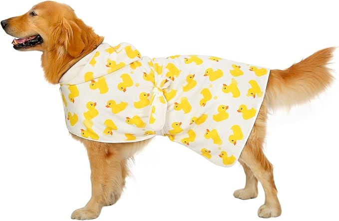 HDE Dog Bathrobe Super Absorbent Quick Drying Towel with Hood for All Dog Breeds Sizes S-XXL - White Rubber Ducks - L