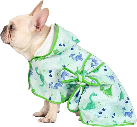 HDE Dog Bathrobe Super Absorbent Quick Drying Towel with Hood for All Dog Breeds Sizes S-XXL - Cute Dinosaurs - S