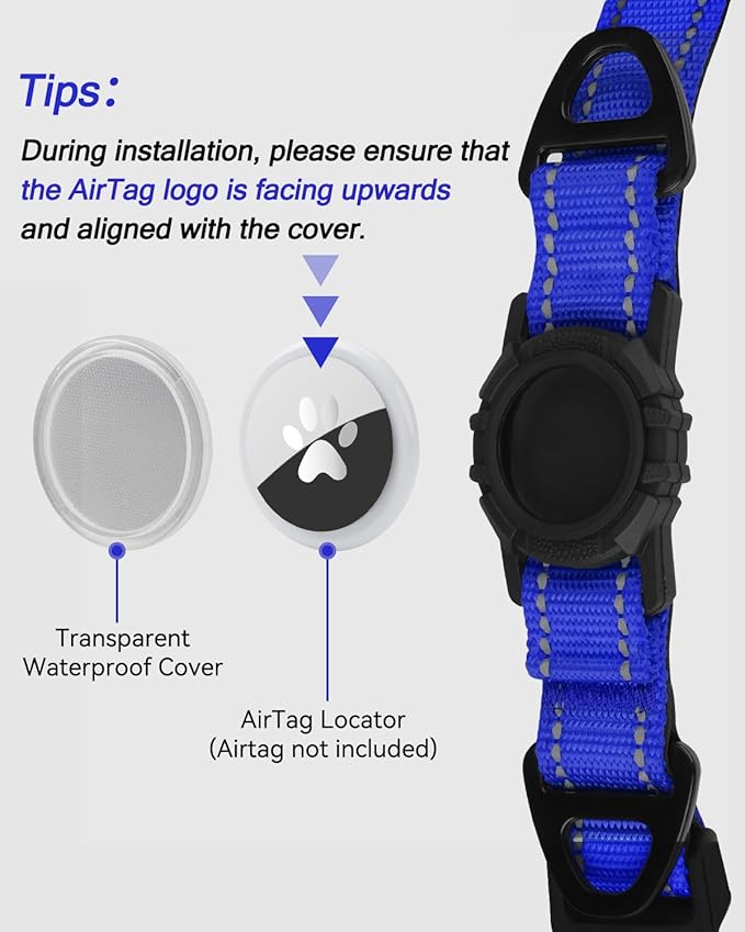 Joytale Airtag Dog Collar, Dual D-Rings, Reflective Pet Collar with Waterproof AirTag Holder, Soft Padded Adjustable for Small Dogs, Navy Blue, S