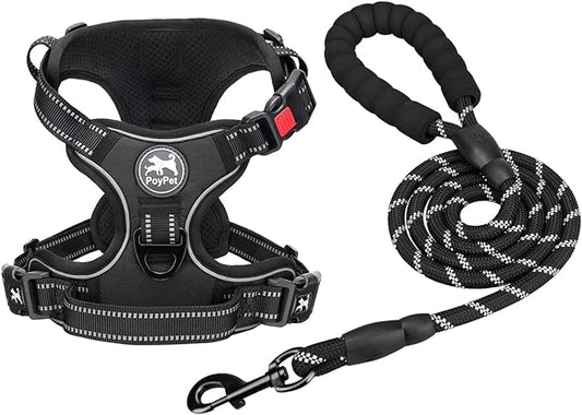 PoyPet Dog Harness and Leash Combo, Escape Proof No Pull Vest Harness, with 5 Feet Leash, Reflective Adjustable Soft Padded Pet Harness with Handle for Small to Large Dogs(Black,S)