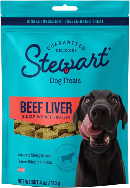 Stewart Single Ingredient Freeze Dried Raw Dog Treats, Beef Liver, 4 Ounce Resealable Pouch, Training Treats or Meal Topper for All Size Dogs, High Protein, Grain-Free, Gluten-Free