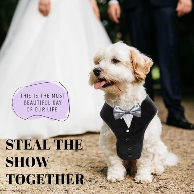 Dog Tuxedo for Wedding Outfit, Dog Suit and Tie Costumes for Birthday, Halloween, Cosplay, Christmas Party, Pet Formal Wear with Bowtie, Tux for Small Dogs, Chihuahua, Bichon, Maltese, Cats