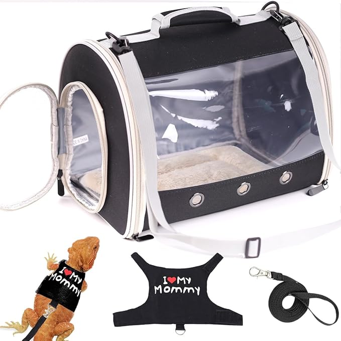 Bearded Dragon Travel Carrier with Security Printing Harness Leash Set,Lizard Carrier Cage,Guinea Pig Carrier for 2,Reptile Travel Carrier for Leopard Gecko Desert Iguana Crested Geckos