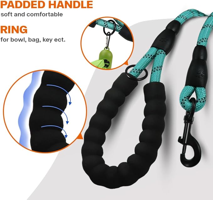 Taglory Rope Dog Leash 4 FT with Comfortable Padded Handle, Highly Reflective Threads Leash for Small Dogs, 3/8 inch, Turquoise