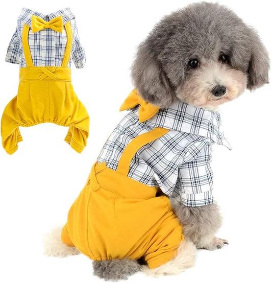 Dog Shirts Clothes Striped Onesies, Pet Plaid Overalls Apparel, Puppy Costumes Classic Black and White Jumpsuit with Bowtie for Small Medium Dogs Cats Boy Girl Wedding/Party (X-Large, Yellow)