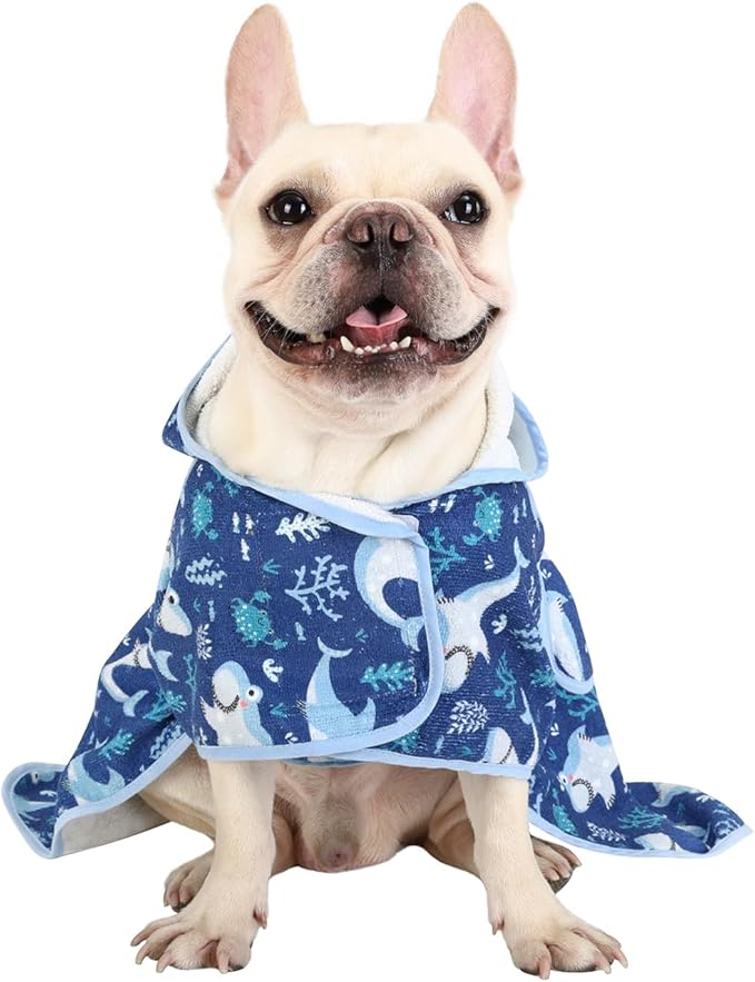 HDE Dog Bathrobe Super Absorbent Quick Drying Towel with Hood for All Dog Breeds Sizes S-XXL - Sharks - M