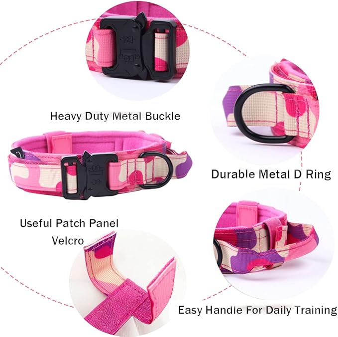 Xqpetlihai Tactical Dog Collar Adjustable Military Nylon Dog Collar with Control Handle and Heavy Duty Metal Buckle for Medium and Large Dogs (Pink Camo,L)