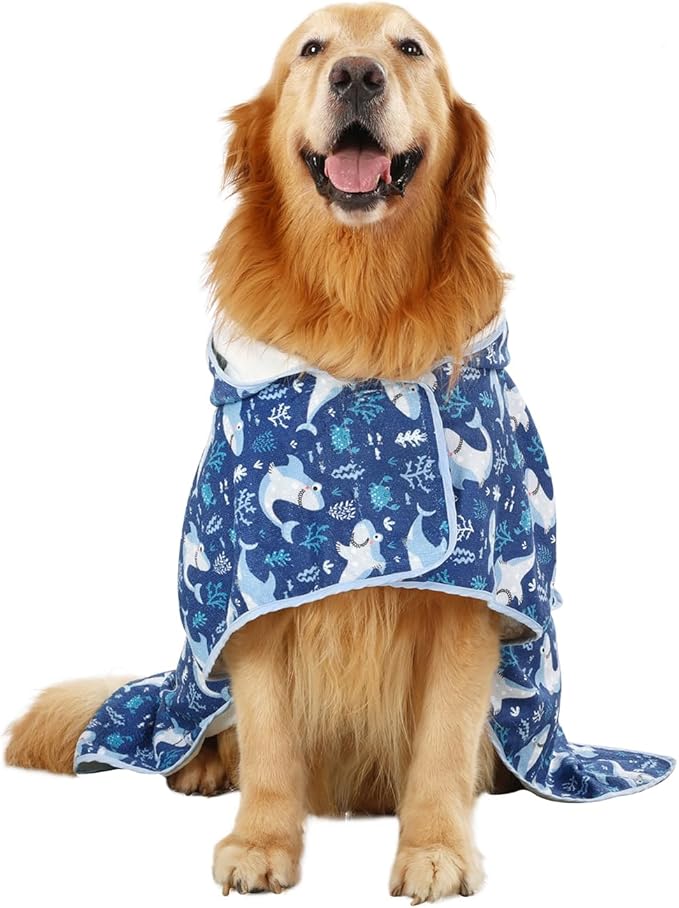 HDE Dog Bathrobe Super Absorbent Quick Drying Towel with Hood for All Dog Breeds Sizes S-XXL - Sharks - XL