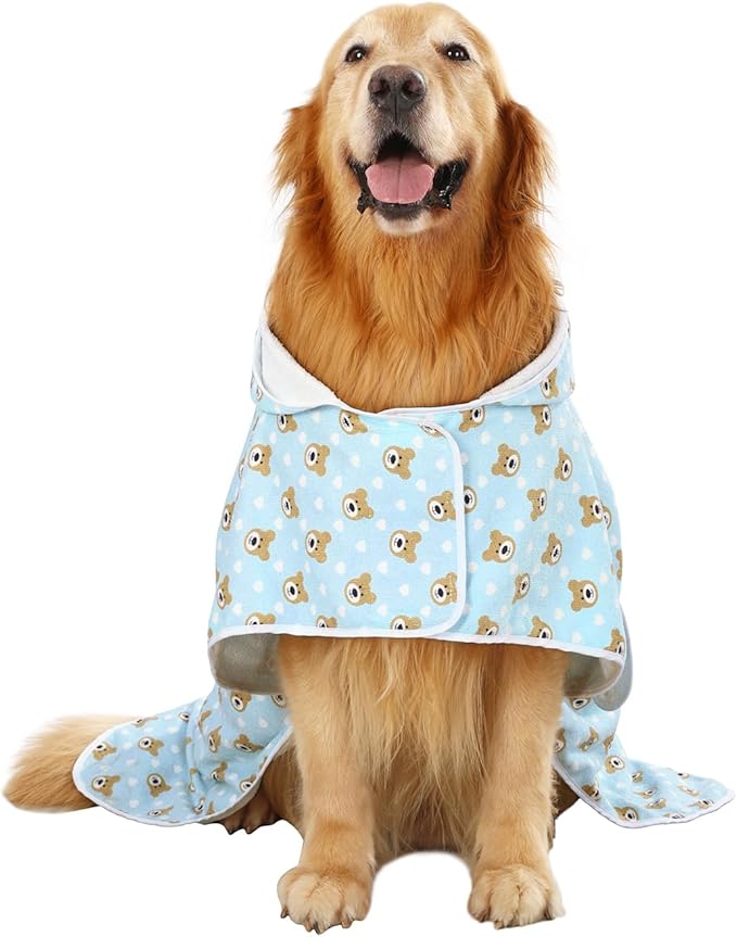 HDE Dog Bathrobe Super Absorbent Quick Drying Towel with Hood for All Dog Breeds Sizes S-XXL - Teddy Bears - XXL