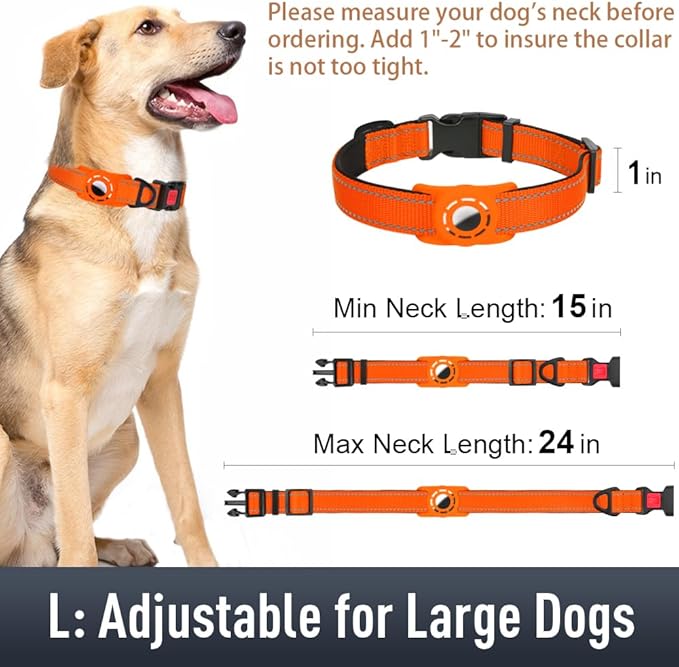 Airtag Dog Collar with AirTag Holder for Large Dogs, Reflective, Soft Padded & Safety Locking Buckle, Nylon Pet Collars Adjustable for All Breeds, Orange,L