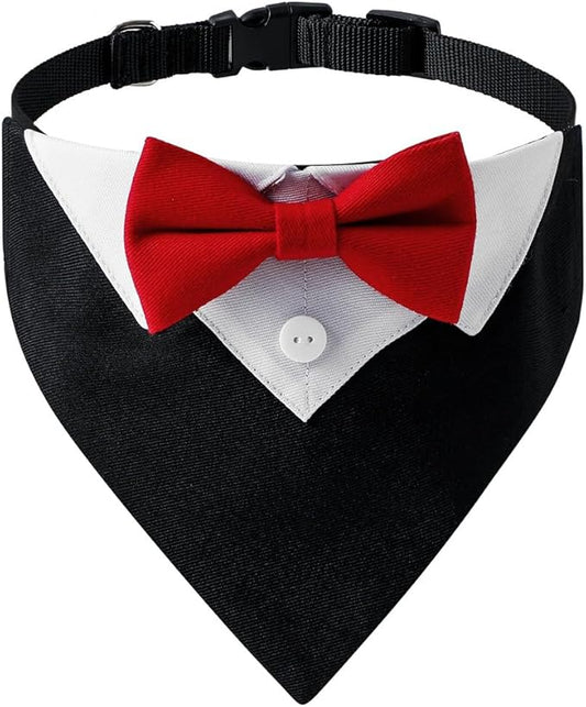 Tuxedo Dog Collar for Wedding Engagement and Birthday, Formal Dog Bandana Collar Costume with Bow Tie and Adjustable Buckle,Suitable for Small Medium Large Dog. (Red, S)
