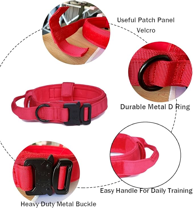 Xqpetlihai Tactical Dog Collar and Leash Set Adjustable Military Nylon Dog Collar with Control Handle and Heavy Duty Metal Buckle for Large Dogs(Red M