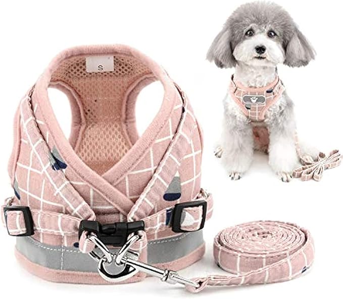 Zunea No Pull Small Dog Harness and Leash Set Adjustable Reflective Step-in Chihuahua Vest Harnesses Mesh Padded Plaid Escape Proof Walking Puppy Jacket for Boy Girl Pet Dogs Cats Pink S