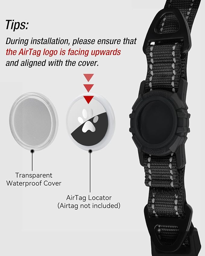 Joytale Airtag Dog Collar, Dual D-Rings, Reflective Pet Collar with Waterproof AirTag Holder, Soft Padded Adjustable for Medium Dogs, Black, M