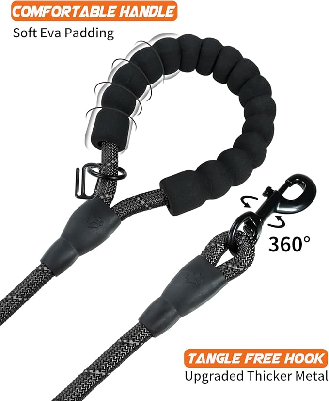Joytale Reflective Dog Leash, Heavy Duty Nylon Rope with Poop Bag Holder, Highly Reflective Threads Leashes for Medium Large Dogs, Black, 6'×1/2''