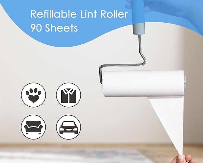 Extreme Sticky Large Surface Lint Roller, 6.3'' Giant Pet Hair Remover Roller for Pet Dog Cat Hair, Clothes&Furniture Cleaning, 90 Sheets (1 Roller + 2 Refills with Dust-Proof Cover)