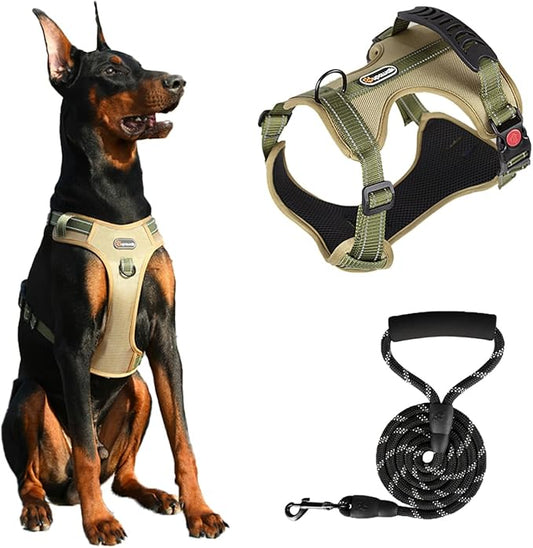 Tactical Dog Harness and Leash Set, No-Pull Adjustable Puppy Vest Collar with Handle, Dual Leash Clips, Reflective Oxford Chest Harnesses with Leashes for Small Dogs Pulling Support S Size