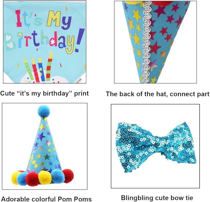 ADOGGYGO Dog Birthday Bandana Scarf and Blue Boy Pet Birthday Party Hat with Cute Bow Tie for Medium Large Dog Pet (Large)