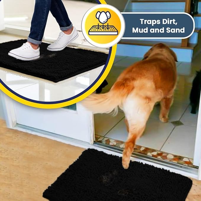 Muddy Mat® Original Dog Door Mat for Muddy Paws, Super Absorbent Microfiber, Non-Slip Washable Pet Rug, Quick Dry Chenille Entryway Carpet, Machine Washable Indoor Outdoor mat, Black 24"x96"