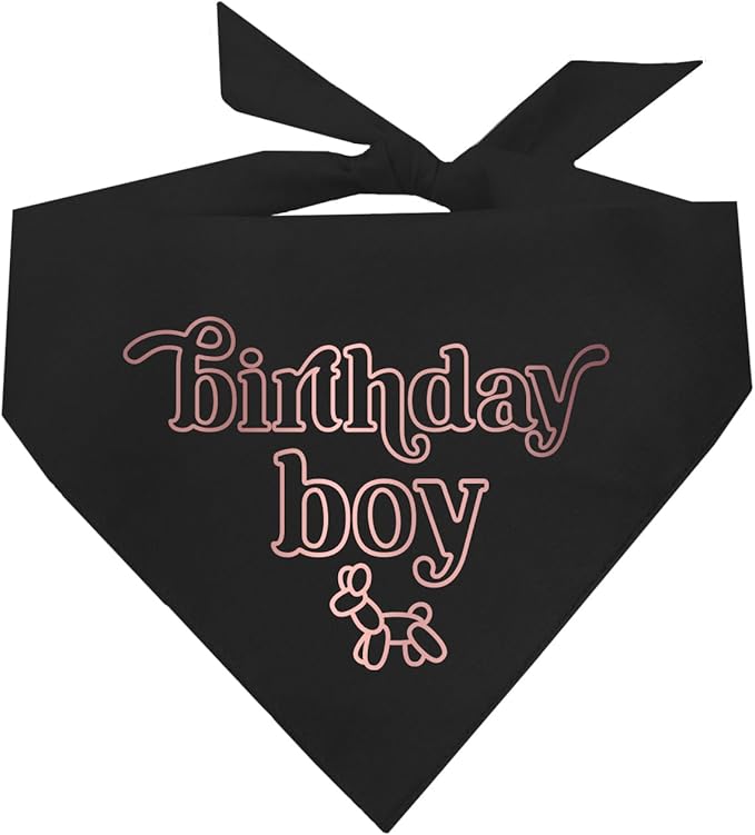 Birthday Boy Metallic Printed Dog Bandana | 100% Cotton Adjustable Triangle | Birthday Pawty | Party Theme | Celebration Supplies | Photoshoot Prop |Black, Rose Foil (1330)