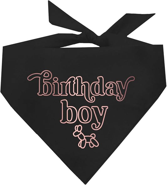 Birthday Boy Metallic Printed Dog Bandana | 100% Cotton Adjustable Triangle | Birthday Pawty | Party Theme | Celebration Supplies | Photoshoot Prop |Black, Rose Foil (1330)