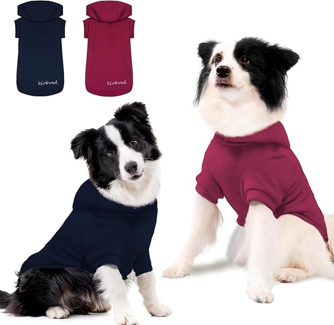 2 Pieces Basic Dog Hoodie, Soft and Comfy Cotton Dog Hoodie Sweater with Leash Hole and Pocket, Keep Your Puppy Warm and Stylish with Dog Sweatshirt - Navy Blue & Red/Sleeved (Small)
