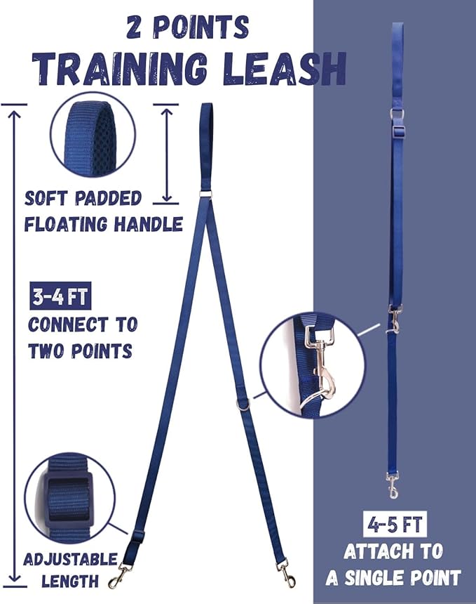 DF Freedom No Pull Martingale Dog Harness and Double-Ended Leash Set, Safety Control to Stop Pulling, Reflective & 5-Point Adjustable, Support Padded Handle, Navy Blue Pro, 3/4", Chest 20" - 26.8"