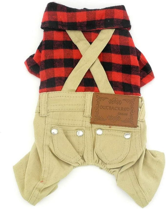 SMALLLEE_LUCKY_STORE Pet Clothes for Small Dog Cat Red Plaid Shirts Sweater with Khaki Overalls Pants Jumpsuit Outfits M