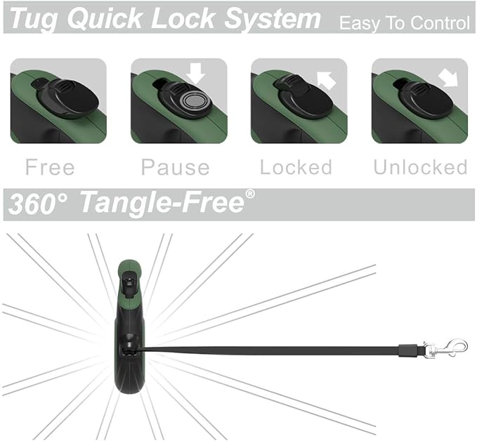 TUG 360° Tangle-Free Retractable Dog Leash with Anti-Slip Handle | 16 ft Strong Nylon Tape | One-Handed Brake, Pause, Lock (Medium, Green)