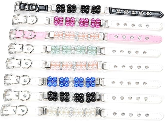White Beaded Dog Collars, Pearl Cat Collar Leash Set Pu Leather Puppy Necklace with Crystal Rhinestone Diamond for Girl Kitten XXSmall Small Medium Female Dogs Jewelry Wedding & Birthday Party, M