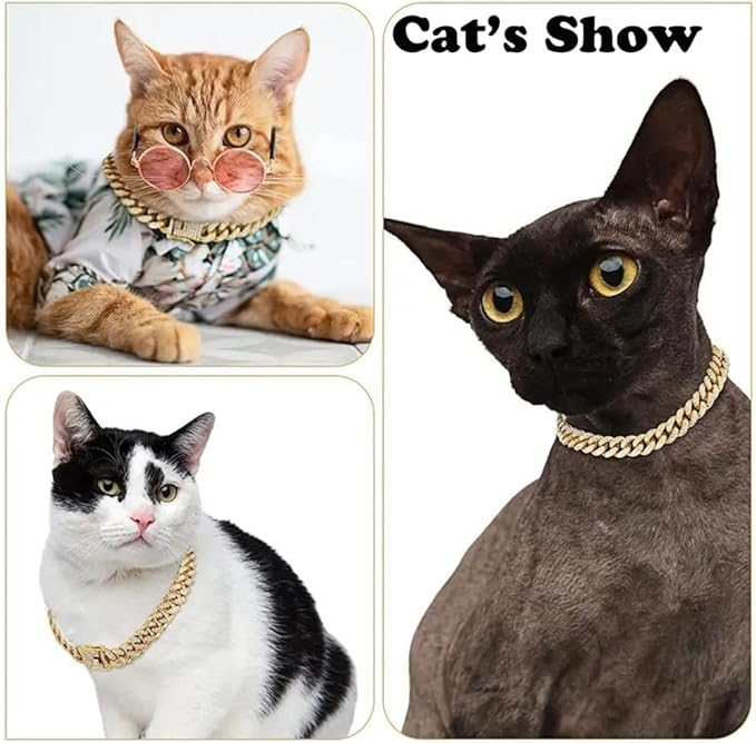 Sliver Cat Chain Collar, Glitter Rhinestone Sparkly Diamond Metal Bling Necklace Cuban Link Puppy Collars for Small Medium Large Pet Dogs Cats, 10 inch