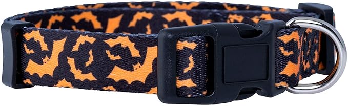 Native Pup Halloween Dog Collar- Spooky Fall Themed Horror Costume Collars- Skull, Pumpkin, Ghost, Bat, Witch, Candy Corn, Spider- Adjustable for Small, Medium, Large Breeds (Medium, Orange Bats)
