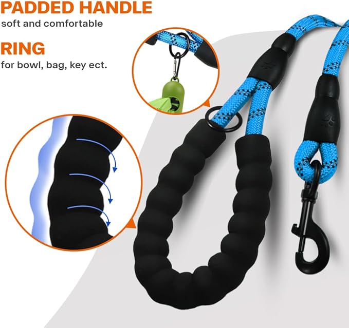 Taglory Rope Dog Leash 6 FT with Comfortable Padded Handle, Highly Reflective Threads Leash for Medium Large Dogs, 1/2 inch, Blue