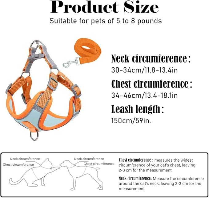 Cat Harness and Leash Escape Proof Adjustable Cat Leash Breathable Cat Vest Harness with Reflective Strips for Small Kitten Puppy Rabbit Orange and Blue (s)