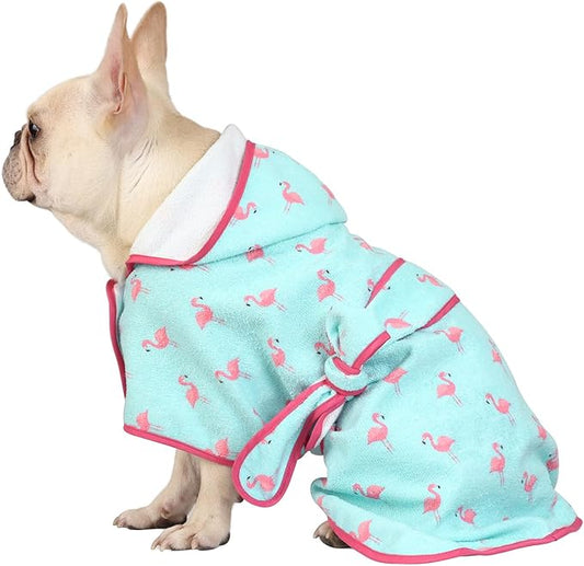 HDE Dog Bathrobe Super Absorbent Quick Drying Towel with Hood for All Dog Breeds Sizes S-XXL - Flamingos - S