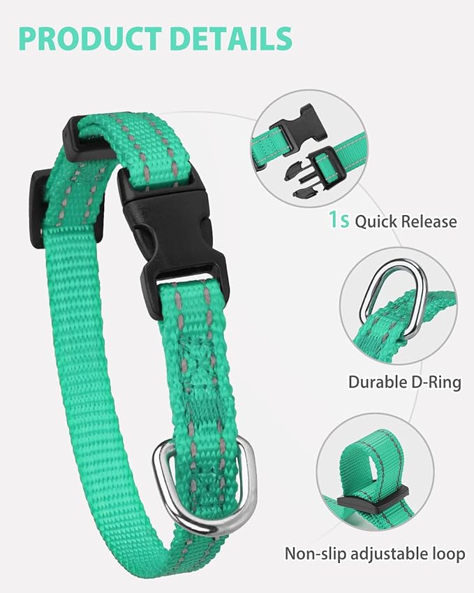 Joytale Small Dog Collar, Reflective and Adjustable Nylon Collar with Quick-Release Buckle, Lightweight No-Choke Design for Puppy and Extra Small Dogs, Teal, XS