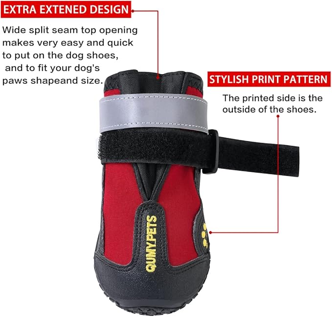QUMY Dog Shoes for Large Dogs, Medium Dog Boots & Paw Protectors for Winter Snowy Day, Summer Hot Pavement, Waterproof in Rainy Weather, Outdoor Walking, Indoor Hardfloors Anti Slip Sole Red Size 3
