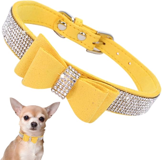 Rhinestone Dog Collar with Bow Tie, Cute Knot Crystal Bling Diamond Glitter Puppy Collars for XXS XS Small Medium Large Pet Girls Dogs Female Cats, Yellow Small