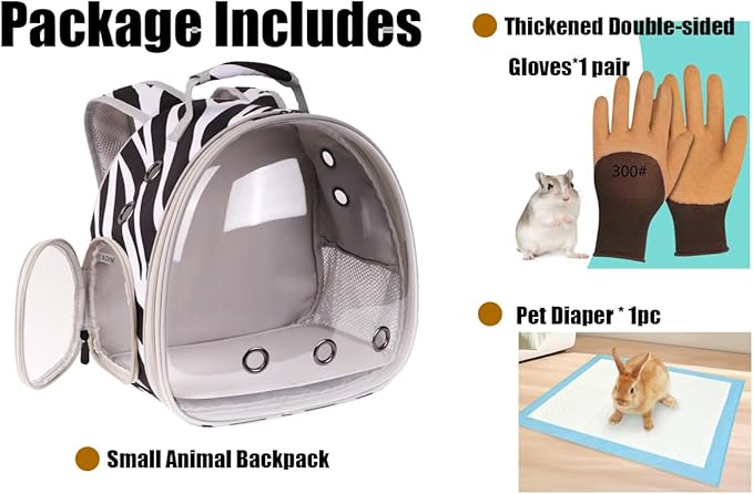 Portable Small Animal Backpack with Zebra Printing, Space Capsule Bubble Pet Carrier Cage Travel for Guinea Pig, Rabbit, Hamster, Bird, Bearded Dragon, Sugar Glider, Squirrel, Tortoise, Lizard