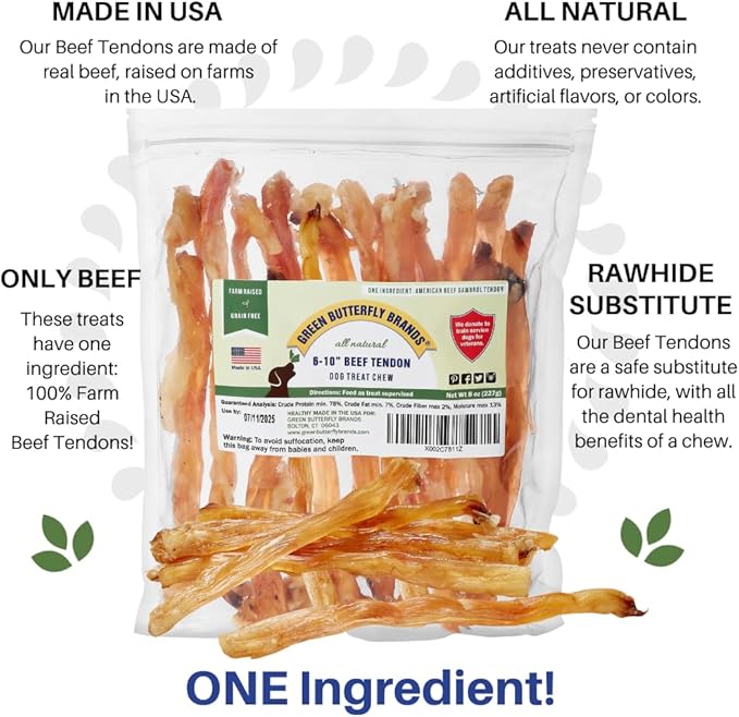 Beef Tendons for Dogs Made in USA. 6-10 Inch Grass Fed Farm-Raised American Beef Dog Treats. All Natural Dog Dental Chews. Grain Free Odor-Free Beef Dog Chews 8 Ounce