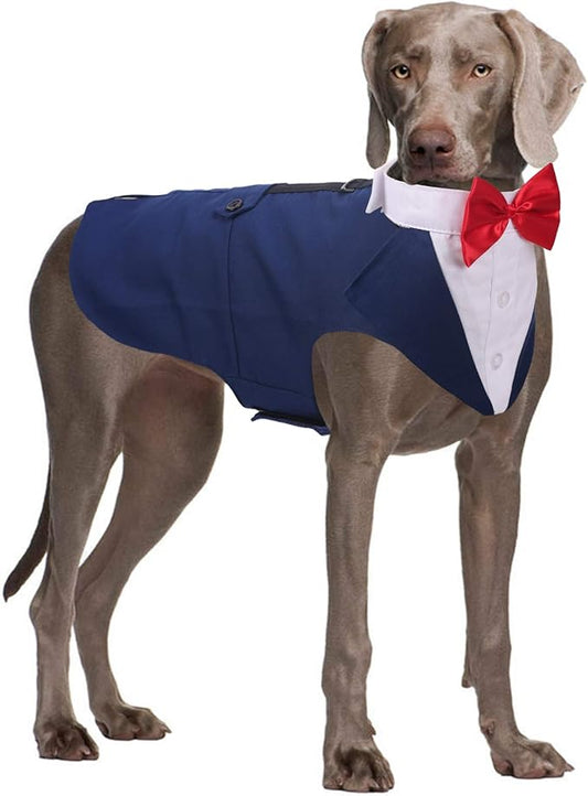 QBLEEV Tuxedo for Large Dogs, Suit and Bandana Set, Wedding Outfit With Bow Tie, Formal Tux Costume for Halloween Christmas Birthday Party Cosplay, Blue XL