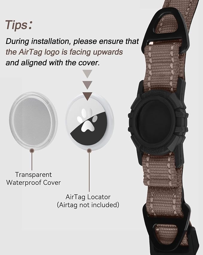Joytale Airtag Dog Collar, Dual D-Rings, Reflective Pet Collar with Waterproof AirTag Holder, Soft Padded Adjustable for Small Dogs, Brown, S