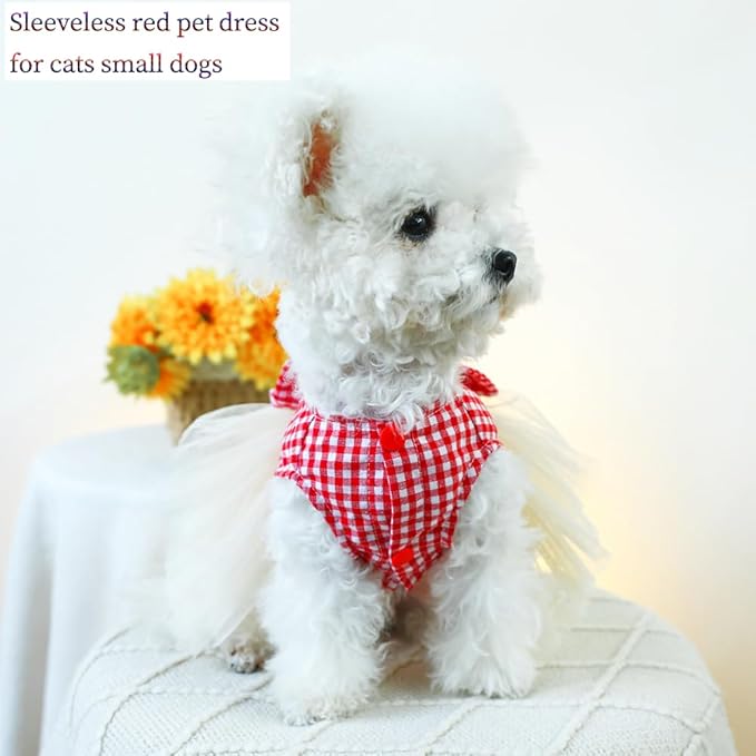 Plaid Small Dog Dress with Leash Ring Valentines Cat Outfit Dog Tutu Princess Holiday Puppy Clothes with Bow Knot and Heart Pet Apparel for Kitten Chihuahua Yorkie (Red, X-Small)