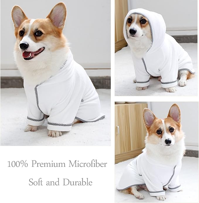Dog Bathrobe, Microfiber Fast Drying Absorbent Hooded Bath Towel White for Puppy Small Medium Large Dog Cat (XL, White)
