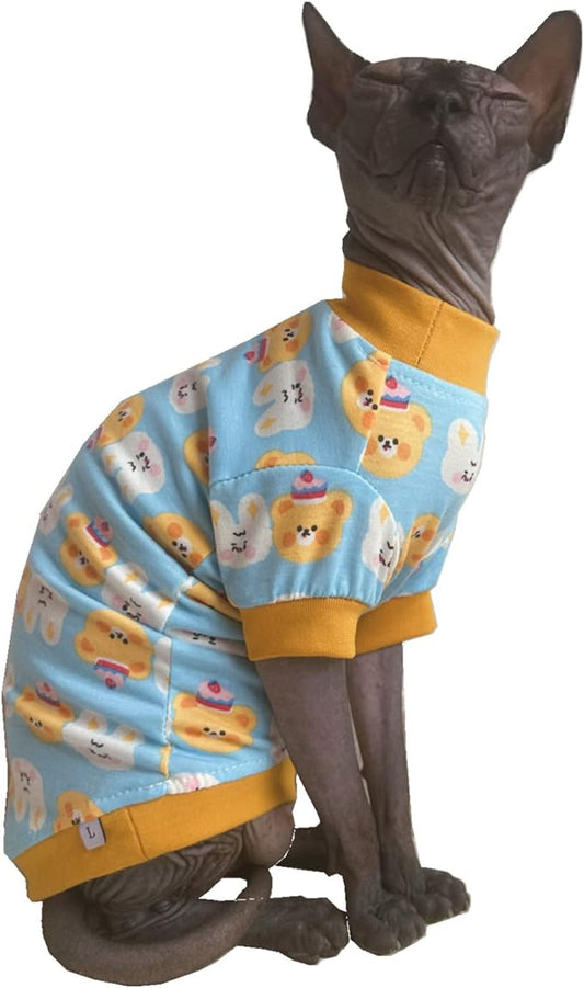 Sphynx Hairless Cat Cute Summer Cotton T-Shirts Pet Clothes,Round Collar Kitten Shirts Cats Apparel (Bear & Bunny, Large (Pack of 1))