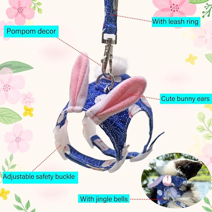 Ferret Harness and Leash Set with Bell - Small Animal Accessories - Bunny Ears Costume for Baby Rabbit, Guinea Pig and Small Pets - Blue
